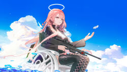 1girl absurdres arknights black_jacket blue_sky blunt_bangs boots closed_mouth cloud cloudy_sky detached_wings dragonashen0201 energy_wings gun halo highres holding holding_weapon jacket lace-up_boots lemuen_(arknights) long_hair long_sleeves pink_eyes pink_hair rifle shirt sitting sky sniper_rifle solo thigh_boots traditional_halo weapon wheelchair white_shirt wings