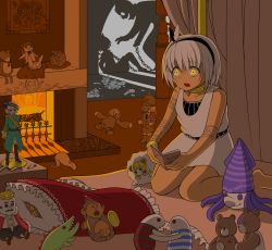 Rule 34 | 1girl, arm tattoo, asatsuki (cookie), aztec, barefoot, black shorts, blonde hair, boots, bow, brown boots, chain, cirno, coat, column, commentary request, cookie (touhou), creature, crown, cymbals, dark-skinned female, dark skin, doll, domestic violence, dress, fez hat, fire, fireplace, framed image, frilled skirt, frills, full body, green coat, hair between eyes, hair bow, highres, holding, holding sword, holding weapon, horns, ibuki suika, imagining, instrument, jewelry, jyu (cookie), kirisame marisa, kurikinton (cookie), manatsu no yo no inmu, military, military uniform, miura meat, money, necklace, open mouth, picture frame, pillar, pillow, purple bow, reading, rei (cookie), safety pin, scared, seiza, shadow, sheep, sheep horns, short hair, shorts, shumiyou desu, sitting, skirt, sleeveless, sleeveless dress, solo, stuffed animal, stuffed toy, stuffing, sweat, sword, tattoo, teddy bear, touhou, toy, tsuno (nicoseiga11206720), weapon, white dress, white hair, yajuu senpai, yamin (cookie), yellow eyes