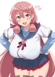 1girl ahoge akashi_(kancolle) blue_sailor_collar blue_skirt boots brown_boots cowboy_shot green_eyes hands_on_own_chest highres kantai_collection kusano_(torisukerabasu) long_hair miniskirt neckerchief open_mouth pink_hair pleated_skirt red_neckerchief sailor_collar school_uniform serafuku simple_background skirt smile solo teeth upper_teeth_only white_background white_serafuku