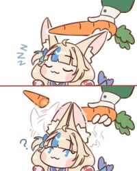 2girls :3 ahoge blonde_hair blue_eyes blue_hair carrot chibi closed_eyes closed_mouth commentary fins fish_girl head_fins highres holding holding_carrot indie_virtual_youtuber long_hair looking_at_viewer low_twintails multicolored_hair multiple_girls nimi_nightmare prehensile_ears sameko_saba seekorplatypus smile streaked_hair twintails very_long_hair zzz