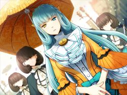 5girls aqua_hair breasts game_cg heterochromia liarsoft long_hair multiple_girls ourai_no_gahkthun outdoors steampunk_(liarsoft) umbrella