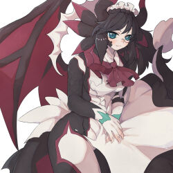 1girl asymmetrical_arms black_dress black_hair breasts dragon_girl dragon_horns dragon_tail dragon_wings dragonmaid_sheou dress duel_monster glasses highres horns house_dragonmaid kokodari large_breasts maid maid_headdress scales solo tail torn_clothes transformation wings yu-gi-oh!