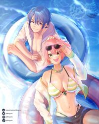 1boy 1girl artist_logo bikini blue_hair blue_innertube breasts cleavage closed_mouth commentary commission double-parted_bangs eiyuu_densetsu elineyuhu english_commentary english_text eyewear_on_head floating hair_between_eyes hajimari_no_kiseki highres innertube instagram_logo instagram_username jewelry juna_crawford kurt_vander large_breasts logo looking_at_viewer male_focus necklace open_mouth parted_bangs pink_hair pink_innertube pixiv_username ponytail short_hair sidelocks smile stomach sunglasses swim_ring swimsuit tiktok_logo tiktok_username twitter_logo twitter_username