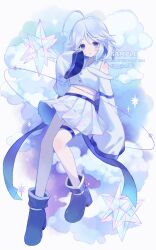 Rule 34 | 1girl, :o, absurdres, ahoge, bare shoulders, blue boots, blue eyes, blue hair, blush, boots, borrowed character, commentary request, commission, crop top, cropped shirt, full body, hand up, highres, long sleeves, looking at viewer, myon rio, original, parted lips, pleated skirt, sample watermark, shirt, short hair, skeb commission, skirt, sleeves past fingers, sleeves past wrists, solo, thigh strap, twitter username, watermark, white shirt, white skirt, wide sleeves