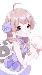 1girl absurdres ahoge alternate_hairstyle steamed_bun bare_shoulders blue_bow blurry blush bow braid breasts brown_eyes brown_hair bun_cover cosplay depth_of_field dog dot_nose dress food from_side hair_tie hakozaki_serika highres holding holding_food idolmaster idolmaster_million_live! idolmaster_million_live!_theater_days kigurumi long_hair looking_at_viewer norada open_mouth purple_dress simple_background sleeveless sleeveless_dress small_breasts solo steam twin_braids twintails very_long_hair white_background