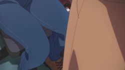 1girl animated anime_screenshot arato_nagi blue_pants brown_shoes chair denim highres jeans pants ruri_no_houseki shoes sitting sound tagme thick_thighs thigh_focus thighs video