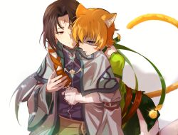 1boy 1girl angry animal_ears arm_belt bell belt belt_buckle black_hair brown_belt buckle cat_ears cat_girl cat_tail choker collar commission commissioner_upload facial_mark fire_emblem fire_emblem:_path_of_radiance fire_emblem:_radiant_dawn forehead_mark glaring glowing_gem green_choker green_collar green_shorts hand_guard highres hug hug_from_behind kohamustoto laguz_(fire_emblem) lethe_(fire_emblem) light_blush nintendo official_alternate_costume orange_hair orange_tail partially_shaded_face possessive purple_eyes red_eyes robe shaded_face shorts side_slit side_slit_shorts smile soren_(fire_emblem) soren_(radiant_confidant)_(fire_emblem) sweat sweatdrop tail whisker_markings white_background wrist_wrap yandere