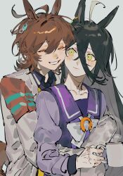 Rule 34 | 2girls, agnes tachyon (umamusume), ahoge, akmizuk, animal ears, arms around waist, black hair, black shirt, blush, bow, bowtie, brown hair, chemical structure, closed eyes, closed mouth, coat, collared shirt, commission, crossed bangs, cup, ear ornament, ear tag, earrings, flustered, grey hair, grin, hair between eyes, highres, holding, holding cup, horse ears, horse girl, horse tail, hug, hug from behind, jewelry, lab coat, long bangs, long hair, long hair between eyes, long sleeves, manhattan cafe (umamusume), medium hair, mug, multicolored hair, multiple girls, parted lips, puffy sleeves, purple shirt, school uniform, second-party source, shirt, single earring, sleeves past fingers, sleeves past wrists, smile, steam, sweater, tail, tracen school uniform, umamusume, very long hair, white bow, white bowtie, white coat, yellow eyes, yellow sweater, yuri