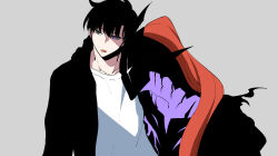 1boy 8mo10 arm_around_shoulder black_hair black_jacket collarbone expressionless grey_background highres hood hooded_jacket igris_(solo_leveling) jacket knight looking_to_the_side open_mouth partially_shaded_face plume purple_eyes shirt solo_leveling sung_jin-woo white_shirt
