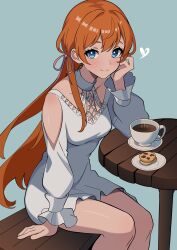 1girl absurdres bare_shoulders bench blue_background blue_eyes coffee cookie dress feet_out_of_frame final_fantasy final_fantasy_xiv food heart highres kosaka_utaha long_hair looking_at_viewer on_bench orange_hair ryne_waters sitting smile solo table white_dress