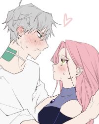 alien_stage black_dress blush dress green_eyes heart long_hair mizi_(alien_stage) pink_hair shaguangniutouren shirt short_hair till_(alien_stage) white_background white_hair white_shirt yellow_eyes