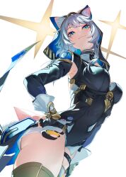 1girl absurdres animal_ear_fluff animal_ears animal_hood belt bibisuka black_gloves black_leotard blue_eyes breasts cat_ears cat_girl cat_hood cat_tail cipher_(honkai:_star_rail) commentary_request fingerless_gloves gloves grey_hair highres honkai:_star_rail honkai_(series) hood hooded_leotard large_breasts leotard short_hair_with_long_locks solo tail thigh_belt thigh_strap thighs white_background