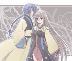 Rule 34 | 1boy, 1girl, blue hair, braid, braided ponytail, brown hair, brown shirt, brown skirt, closed mouth, commentary request, cowboy shot, expressionless, hair between eyes, hairband, hanbok, korean clothes, long bangs, long hair, long sleeves, looking afar, looking at viewer, low ponytail, pelvic curtain, ponytail, ragnarok online, sharari, shirt, single braid, skirt, sleeves past fingers, sleeves past wrists, soul linker (ragnarok online), very long hair, white hairband, wide sleeves