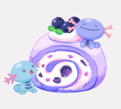 alternate_color blueberry cake food food_focus fruit gen_2_pokemon leaf nintendo no_humans paldean_wooper pokemon pokemon_(creature) rizu_(rizunm) shiny_pokemon simple_background swiss_roll white_background wooper