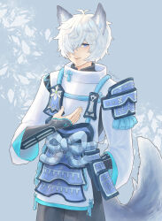 1boy animal_ears arm_behind_back arm_up armor bishounen black_pants blue_armor blue_eyes blue_robe blue_rope facing_viewer fubuki_(rune_factory) hair_over_one_eye highres ice_background japanese_clothes long_sleeves looking_at_viewer male_focus pants robe rope rune_factory rune_factory:_guardians_of_azuma shirt short_hair smile standing tail white_hair white_shirt winter wolf_ears wolf_tail yoshida-smile