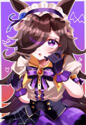 Rule 34 | 1girl, animal ears, blue flower, blue rose, blush, border, bow, bowtie, breasts, brown hair, commentary, cowboy shot, disney o626, fang, flipped hair, flower, frilled hairband, frills, gloves, gradient background, hair over one eye, hairband, hat, hat flower, highres, horse ears, horse girl, horse tail, lace, lace-trimmed gloves, lace trim, long hair, looking at viewer, official alternate costume, open mouth, outline, puffy short sleeves, puffy sleeves, purple background, purple bow, purple bowtie, purple eyes, rice shower (make up vampire!) (umamusume), rice shower (umamusume), rose, shirt, short sleeves, skin fang, skirt, solo, tail, umamusume, white border, white outline, white shirt