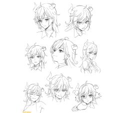 1girl ? atelier_(series) atelier_resleriana broken_horn choker closed_eyes closed_mouth collared_shirt earrings eating multiple_expressions food furrowed_brow greyscale grin hair_between_eyes holding holding_food horns jewelry long_hair looking_at_viewer looking_up meat monochrome multiple_views official_art open_mouth sad shirt simple_background smile surprised tokki translation_request upper_body valeria_(atelier) white_background