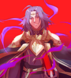1boy ahoge aura book boxkiri circlet commentary dark_aura english_commentary fire_emblem fire_emblem:_the_sacred_stones holding holding_book lyon_(fire_emblem) male_focus medium_hair nintendo possessed purple_hair red_background red_eyes solo twitter_username