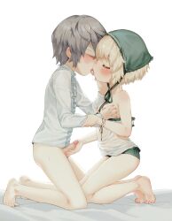 1boy 1girl babu barefoot blindfold blonde_hair breasts censored closed_eyes cum cum_on_body cum_on_hands french_kiss grabbing_another&#039;s_breast grey_hair groping handjob headscarf hetero highres kiss kneeling kodomo_doushi loli mosaic_censoring nier nier_(series) nipples penis saliva shirt short_hair shota small_breasts toes tongue tongue_out white_shirt yonah