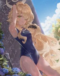1girl absurdres arm_up armpits black_gloves blonde_hair blue_archive blue_one-piece_swimsuit blush breasts closed_mouth commentary_request covered_navel day fluffy_hair gloves green_eyes halo hand_up highres long_hair looking_at_viewer medium_breasts nekoplanetouo one-piece_swimsuit outdoors professor_niyaniya_(blue_archive) solo swimsuit very_long_hair yellow_halo