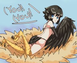 1girl asp84 ass black_hair blue_eyes dark_souls_(series) dark_souls_iii feathered_wings female_focus harpy looking_at_viewer lying monster_girl nest on_stomach pickle_pee_pump-a-rum_crow short_hair solo wings