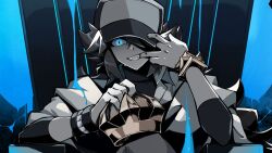 1boy black_pants black_shirt blue_background blue_eyes bracelet cloak crown elbow_rest facing_viewer gold_bracelet grey_hair grey_hat grin hair_over_one_eye hand_on_headwear hand_on_own_cheek hand_on_own_face hand_on_own_hat hat high_contrast holding holding_crown indoors jewelry knee_up long_bangs looking_at_viewer male_focus mini_crown n_(pokemon) nintendo nuumigranate oversized_clothes paint paint_on_clothes pants parody partially_colored pokemon pokemon_bw pokemon_bw2 ponytail shirt sitting_on_throne sleeves_rolled_up smile spot_color style_parody throne white_cloak