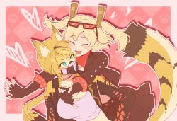 08leiya 2girls argyle_background blonde_hair border breasts burnice_white cheetah_girl closed_eyes commentary english_commentary eyewear_on_head fingerless_gloves flying_sweatdrops furry furry_female furry_with_non-furry glomp gloves green_eyes heart highres hug interspecies jacket large_breasts light_blush mask medium_hair mouth_mask multiple_girls open_mouth pink_background pulchra_fellini simple_background smile sunglasses tail twintails white_border yuri zenless_zone_zero