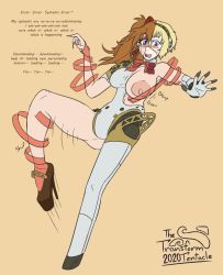 aigis_(persona) bimbofication blonde_hair boots brainwashed earrings female_focus gradual_change high_heel_boots high_heels highres hoop_earrings jewelry lip_expansion mind_control neon_genesis_evangelion orange_hair persona persona_3 reprogramming souryuu_asuka_langley talking tattoo thetransformtentacle transformation