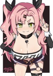 1girl :3 arm_up blue_eyes breasts closed_mouth collar female_focus green_eyes heart jua large_breasts legs long_hair nicole_demara noae pink_hair shorts solo standing zenless_zone_zero