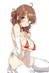 1girl :o absurdres bare_shoulders bikini blush breasts from_side gakuen_idolmaster gloves hanami_ume highres idolmaster large_breasts looking_at_viewer looking_to_the_side navel open_mouth paid_reward_available red_bikini revision seihekiog side-tie_bikini_bottom simple_background solo stomach swimsuit thighhighs thighs underboob white_background white_bikini white_gloves white_thighhighs