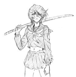 Rule 34 | 1girl, bandaid, bandaid on face, bleach, closed mouth, cowboy shot, crop top, delinquent, greyscale, hair over one eye, holding, holding sword, holding weapon, kubo tite (style), kuchiki rukia, long sleeves, looking at viewer, miniskirt, monochrome, navel, neckerchief, official alternate costume, pleated skirt, rakusakugk, sailor collar, school uniform, serafuku, short hair, simple background, skirt, solo, standing, sword, weapon, white background, wooden sword
