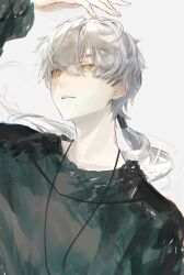 1boy absurdres alternate_costume arm_up black_shirt colored_eyelashes commentary_request grey_background hair_between_eyes highres honseie jewelry long_hair looking_up low_ponytail male_focus mole mole_under_mouth necklace parted_lips ponytail portrait punishing:_gray_raven shirt simple_background solo wanshi_(pgr) white_eyelashes white_hair yellow_eyes