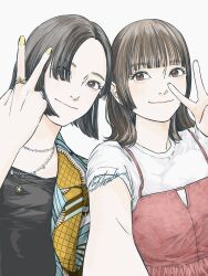 2girls absurdres aqua_shirt artist_name black_hair black_shirt blunt_bangs brown_eyes brown_hair closed_mouth commentary dress fingernails grey_background hair_over_one_eye hand_up hands_up heads_together highres jewelry koyama_momoyo light_smile looking_at_viewer medium_hair multiple_girls nail_polish nomoto_hotaru open_clothes open_shirt outstretched_arm parted_bangs photo-referenced pinafore_dress reaching reaching_towards_viewer real_life red_dress ring selfie shirt short_hair shozoku side-by-side signature simple_background sleeveless sleeveless_dress two-tone_shirt v voice_actor white_shirt yellow_nails yellow_shirt