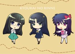 Rule 34 | 3girls, black hair, blue eyes, blush, breasts, brown background, copyright name, dress, glasses, green eyes, hair ornament, kyoukai no rinne, long hair, multiple girls, open mouth, purple eyes, purple hair, ribbon, sakaki ayame, shima renge, shoes, skirt, socks, thighhighs