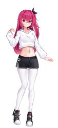 1girl absurdres bow crop_top crop_top_overhang hair_bow highres mastersprouts midriff navel one_side_up original pantyhose red_eyes red_hair shoes short_shorts shorts sneakers solo stomach sweater white_background white_pantyhose