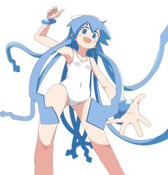Rule 34 | 1girl, absurdres, armpits, blue eyes, blue hair, breasts, covered navel, from below, highres, ikamusume, looking at viewer, one-piece swimsuit, shinryaku! ikamusume, slyger ex, small breasts, solo, stomach, swimsuit, white one-piece swimsuit