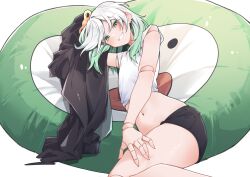 1girl absurdres airenif black_jacket black_shorts cecilia_immergreen commentary cropped_shirt doll_joints green_eyes green_hair highres hololive hololive_english jacket joints long_sleeves looking_at_viewer lying medium_hair midriff navel on_side parted_lips shirt short_shorts shorts sleeveless sleeveless_shirt solo virtual_youtuber white_shirt winding_key
