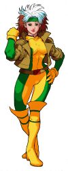 1990s_(style) 1girl absurdres belt bengus bodysuit boots breasts brown_hair closed_mouth colored_bangs cropped_jacket full_body gloves green_bodysuit green_eyes green_headband hand_on_own_hip hand_up headband highres jacket knee_boots leather leather_jacket lips lipstick long_hair looking_at_viewer makeup marvel marvel_vs._capcom medium_breasts multicolored_hair non-web_source official_art red_hair red_lips retro_artstyle rogue_(x-men) simple_background sketch smile solo standing superhero_costume two-tone_hair white_background white_hair x-men x-men_vs._street_fighter