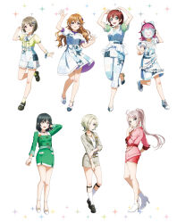 6+girls ahoge artbook blonde_hair blue_dress blue_eyes brown_hair dress emma_verde green_dress green_hair grey_hair hair_ornament hair_over_one_eye high_heels highres jacket konoe_kanata long_hair looking_at_viewer love_live! love_live!_nijigasaki_high_school_idol_club mia_taylor mifune_shioriko multiple_girls nakasu_kasumi non-web_source official_art pink_dress pink_eyes pink_hair ponytail purple_eyes red_eyes rina-chan_board short_hair skirt smile standing standing_on_one_leg tennoji_rina zhong_lanzhu