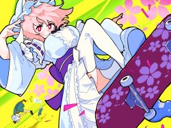 2girls black_hairband black_shoes blue_kimono blue_shoes bright_pupils cherry_blossom_print falling floral_print frilled_kimono frills gram_9 green_vest hairband hat highres hitodama japanese_clothes kimono konpaku_youmu konpaku_youmu_(ghost) mob_cap multiple_girls pink_eyes pink_hair saigyouji_yuyuko shoes skateboard skirt skirt_set sleeve_garter solo_focus thighhighs touhou triangular_headpiece vest white_pupils white_thighhighs