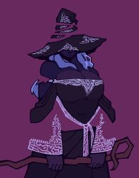 1girl absurdres bare_shoulders blending blue_hair breasts cdlum cleavage elden_ring flat_color hat hat_over_eyes highres holding holding_staff huge_breasts long_hair recluse_(elden_ring) simple_background solo staff wide_sleeves witch_hat wooden_staff