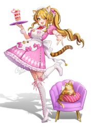 1girl animal_ears blonde_hair blush boots brown_hair cat cat_ears chair commentary_request dress food full_body green_eyes gyaru gyaru_v heart high_heel_boots high_heels highres holding holding_tray leg_up long_hair looking_at_viewer maid multicolored_hair one_eye_closed open_mouth original parfait pillow pink_dress pink_nails ponytail shinishi_chiho simple_background smile standing standing_on_one_leg strawberry_parfait streaked_hair tray v very_long_hair waitress white_background white_boots