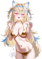 1girl absurdres alternate_costume animal_ears bandaid bandaid_hair_ornament bikini blonde_hair blue_hair blue_hairband blue_nails breasts claw_pose dog_ears dog_girl dog_tail fuwawa_abyssgard gold_bikini hair_ornament hairband highres hololive hololive_english horn_hairband large_breasts long_hair looking_at_viewer navel pantsu_shot pink_eyes simple_background solo swimsuit tail virtual_youtuber white_background