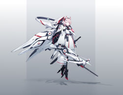 1girl absurdres animal_ears bow_(weapon) closed_mouth dress floating flying full_body gradient_background grey_background headgear highres holding holding_bow_(weapon) holding_weapon jhcrow3 long_sleeves looking_at_viewer mecha_musume original pink_eyes pink_hair purple_eyes science_fiction shadow solo sword variant_set weapon white_dress