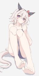 1girl animal_ears barefoot blue_eyes blush curren_chan_(umamusume) feet highres horse_ears horse_girl horse_tail looking_at_viewer medium_hair one-piece_swimsuit school_swimsuit soles swimsuit tail toes tofu_thunder umamusume white_hair