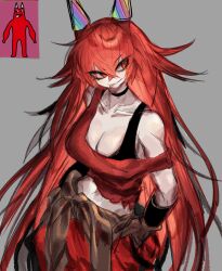 banban_(garten_of_banban) breasts cleavage garten_of_banban genderswap genderswap_(mtf) gloves hat highres horns humanization large_breasts long_hair messy_hair midriff navel off_shoulder party_hat red_eyes red_hair smile tank_top tongue tongue_out usa37107692 very_long_hair work_gloves