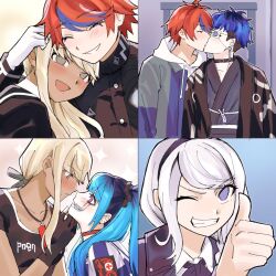 Rule 34 | 2boys, 3girls, amemiya darumi, babykatafan, bisexual female, bisexual male, black hair, blonde hair, blue background, blue hair, blush, brown eyes, closed eyes, collar, dark-skinned female, dark skin, highres, japanese clothes, kawana tsubasa, kirifuji nozomi, long hair, looking at another, multicolored hair, multiple boys, multiple girls, omokage yugamu, open mouth, pink background, pink eyes, purple background, purple eyes, red hair, sumino takumi, the hundred line -last defense academy-, thumbs up, twintails, upper body, white hair, yaoi, yellow background, yuri