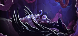 1boy 1girl absurdres black_eyes blood blood_on_face commentary derivative_work english_commentary highres horns horror_(theme) indoors intestines lying on_back princess_(slay_the_princess) slay_the_princess the_fury_(slay_the_princess) the_hero_(slay_the_princess) wings