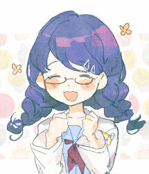 Rule 34 | 1girl, black hair, blue shirt, coat, fukumaru koito, glasses, highres, idolmaster, idolmaster shiny colors, long hair, open mouth, orniflop, red scarf, scarf, shirt, twintails, white coat