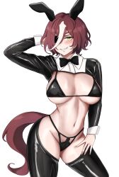 1girl alternate_costume animal_ears bikini black_bikini black_bow black_bowtie bow bowtie breasts brown_hair cleavage collared_shirt commentary_request contrapposto ear_covers hair_between_eyes hand_on_own_hip highleg highleg_bikini highres horse_ears horse_girl horse_tail large_breasts long_sleeves meme_attire miya_nns35 multicolored_hair navel reverse_bunnysuit reverse_outfit shirt short_hair simple_background solo streaked_hair swimsuit tail tanino_gimlet_(umamusume) umamusume white_background white_hair yellow_eyes